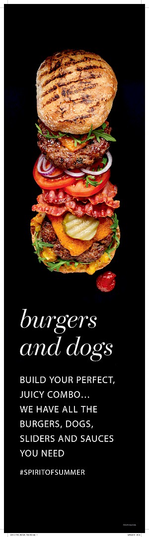 Graphic close-up images of burgers shot by Karen Thomas, a London food photographer, for Horton-Stephens.