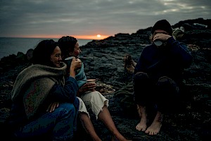 ames Bowden, UK  photographer, represented by Horton-Stephens photographer’s agents specialises in natural and authentic  lifestyle outdoors nature photographic images, this colour photo shows camping coffee lifestyle drinks with a landscape view