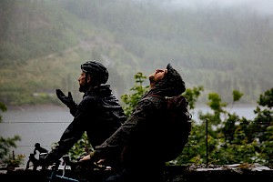 This colour photo shows a cycling sport expedition outdoors  by James Bowden, UK  photographer, represented by Horton-Stephens photographer’s agents specialises in natural and authentic  lifestyle outdoors nature photographic images.