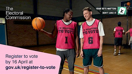 basketball players on a court with tabards that say I'm registered to vote campaign by The Electoral Commission shot by best  photographer Nick Dolding represented by Lonodn photography agency Horton Stephens