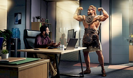 Quickbooks campaign featuring Hercules at the accountants shot by top London photographer Gary Salter represented by agents Horton Stephens photography