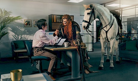 Quickbooks campaign featuring Boudicca at the accountants shot by top London photographer Gary Salter represented by agents Horton Stephens photography